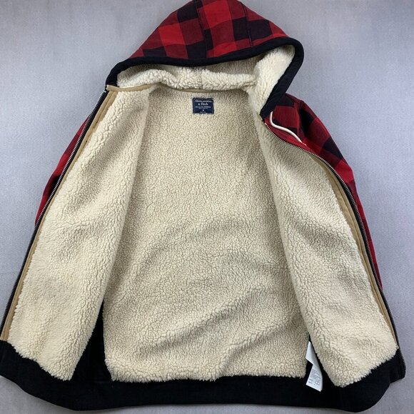 Vtg Abercrombie & Fitch Mens Sherpa Hoodie Medium Red Buffalo Check Full Zip Y2K - Picture 3 of 8